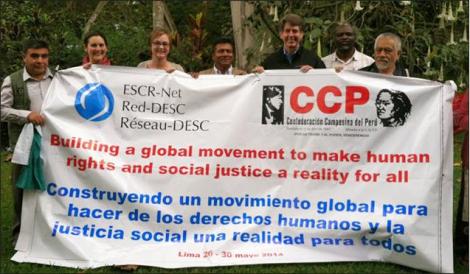 Alicia Swords, CUSLAR Advisory Board member second from left, represented the Poverty Initiative network at a global gathering of the Social Movements Working Group of the International Network for Economic, Social and Cultural Rights  in Peru in May 2014. Photo: ESCR-Net.